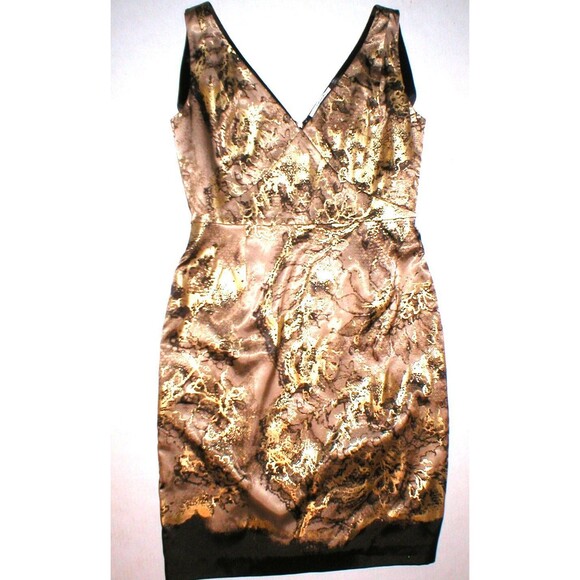 New T Tahari Foil Gold Metallic Dress Black Brown Womens 6 Floral Designer Party